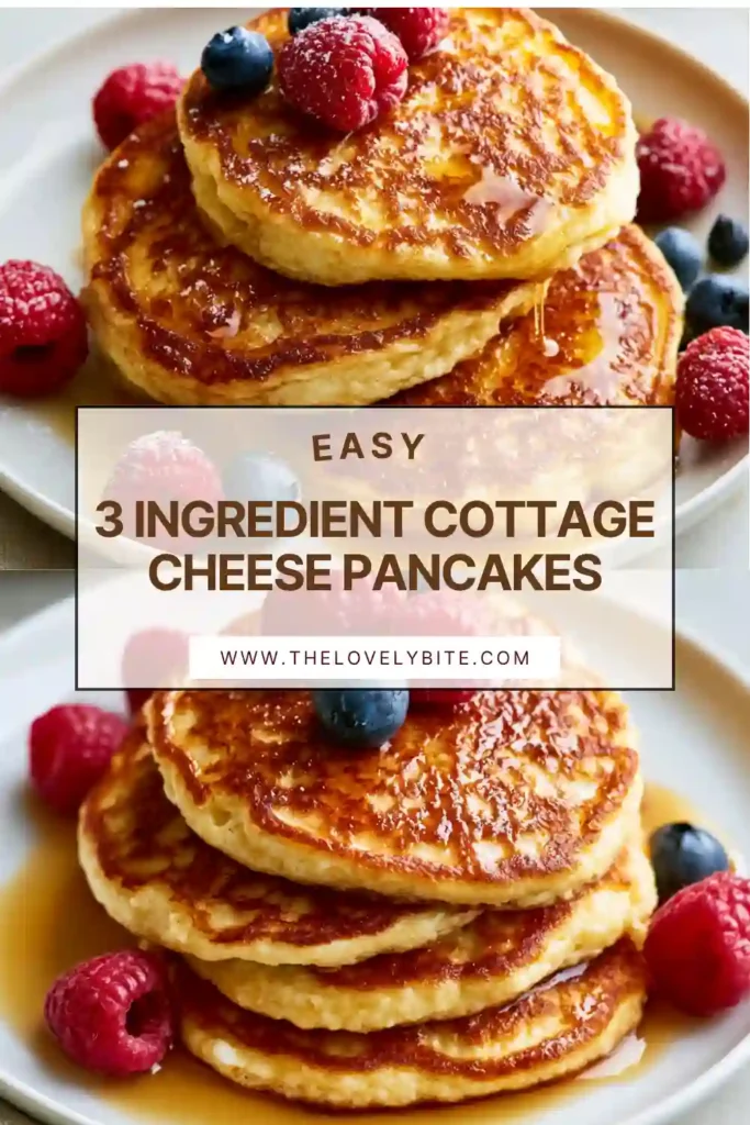 Stack of 3-Ingredient Cottage Cheese Pancakes topped with fresh berries and maple syrup on a breakfast plate.