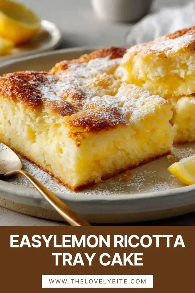 Golden Lemon Ricotta Tray Cake sliced into squares and ready to serve. A quick lemon dessert made with pancake mix, ricotta, and lemon curd.