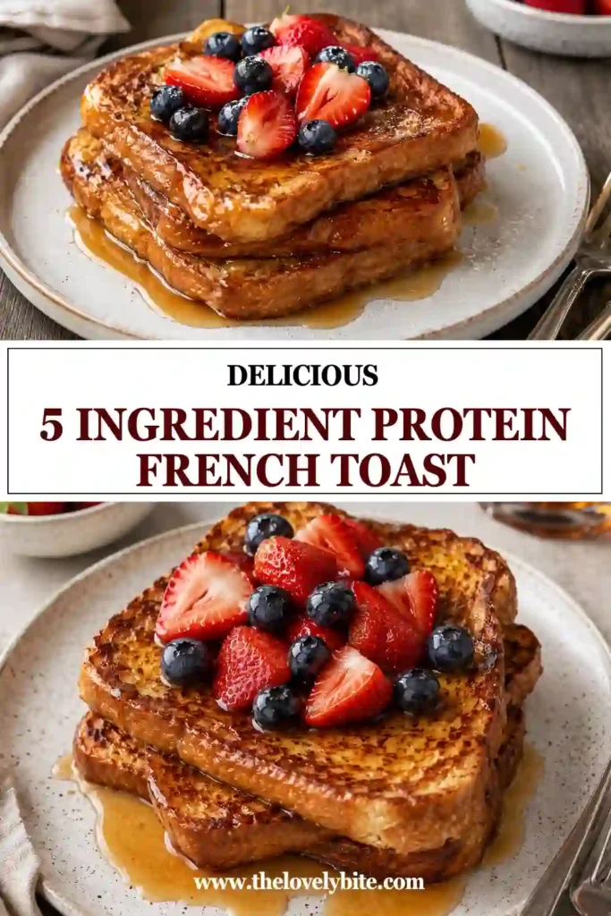 Healthy Protein French Toast made with whole grain bread and vanilla protein powder. The toast is golden, fluffy, and served warm with fresh fruit.