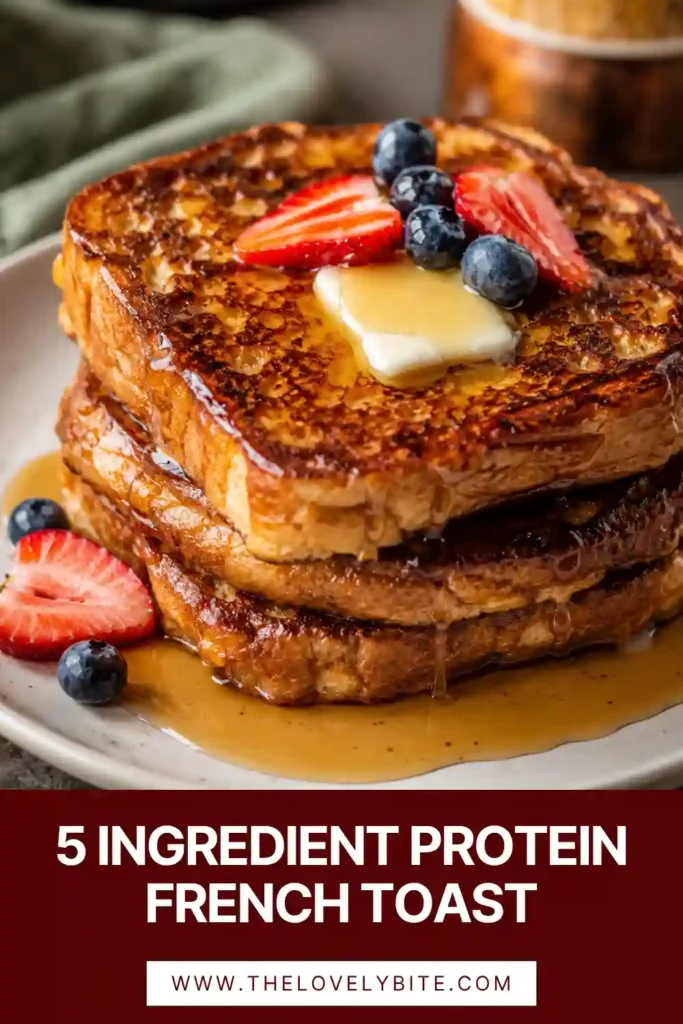 Close-up view of homemade 5 Ingredient Protein French Toast with cinnamon and berries. The toast has a perfectly crisp exterior and tender center.