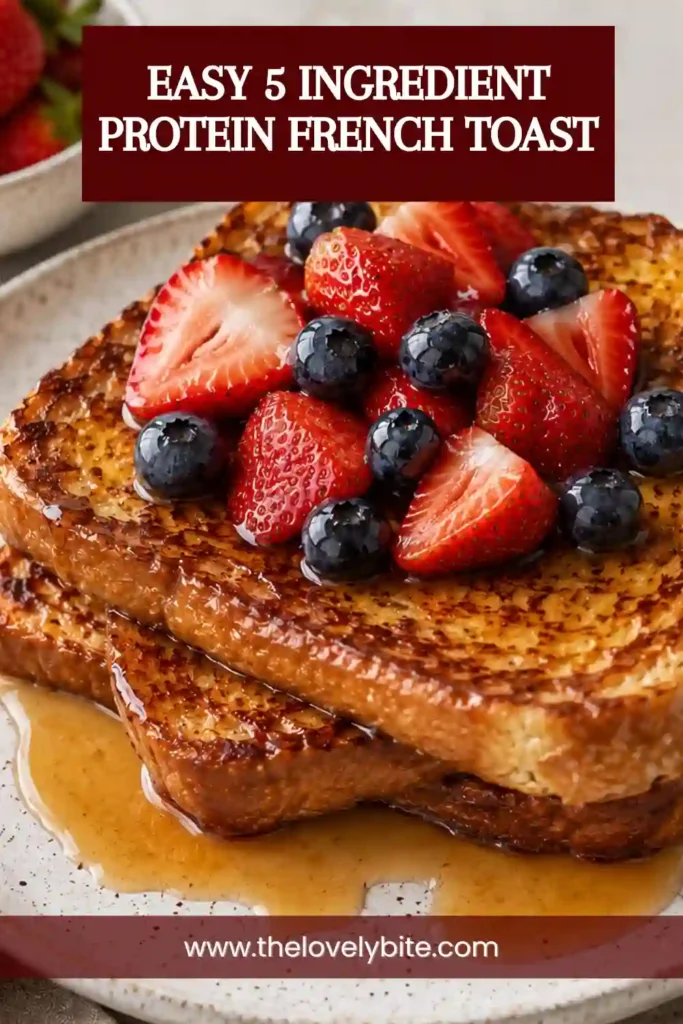 High Protein French Toast served with fruit and a light drizzle of syrup. This easy breakfast recipe is made with protein powder and whole grain bread.