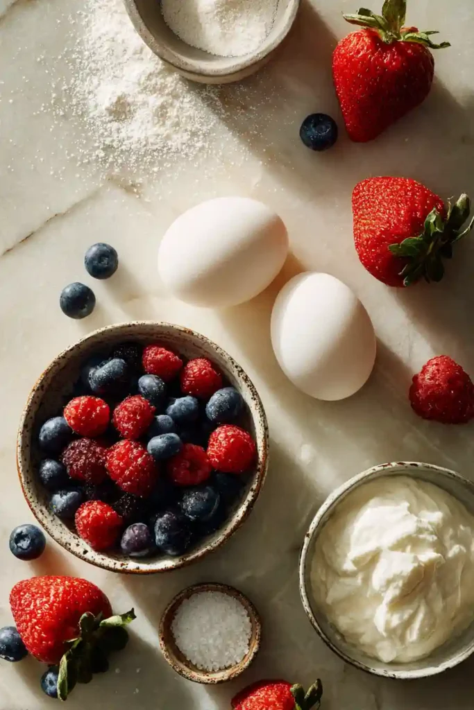 A glass filled with fluffy 5 Minute Fruit Mousse made from frozen mixed berries. The light and airy dessert is topped with fresh berries for a colorful presentation.