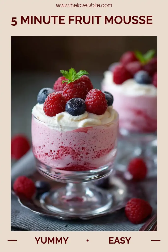 A vibrant berry mousse layered in a serving glass and topped with whipped cream. The dessert showcases a light and airy consistency.