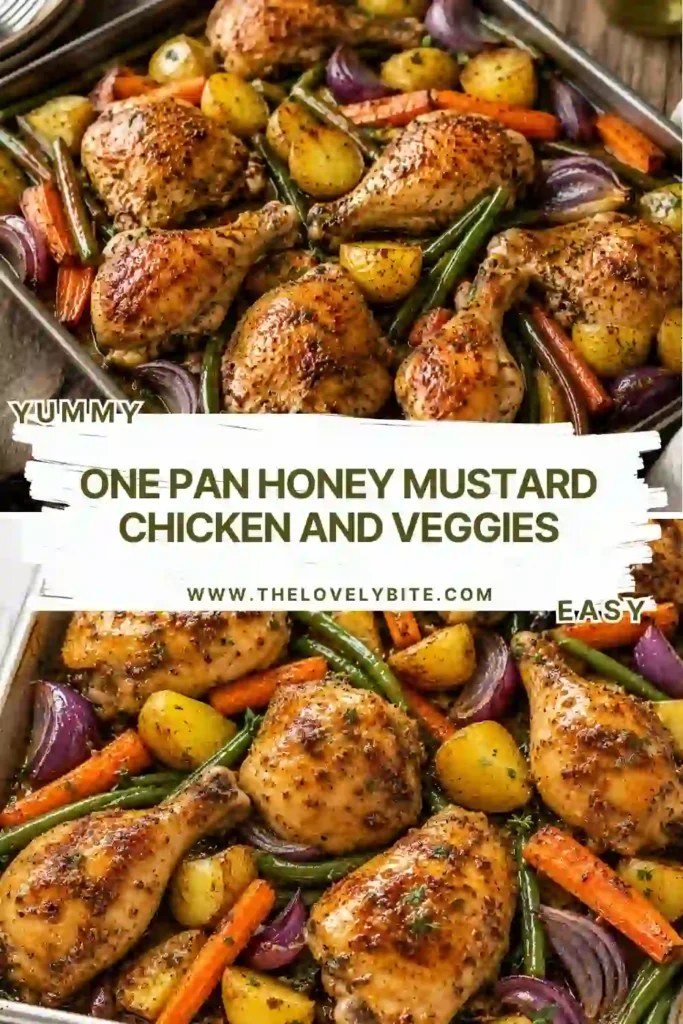Golden roasted chicken thighs and drumsticks are baked alongside potatoes, carrots, and red onions on a sheet pan. This One Pan Honey Mustard Chicken and Veggies recipe features a glossy honey mustard glaze and vibrant roasted vegetables.