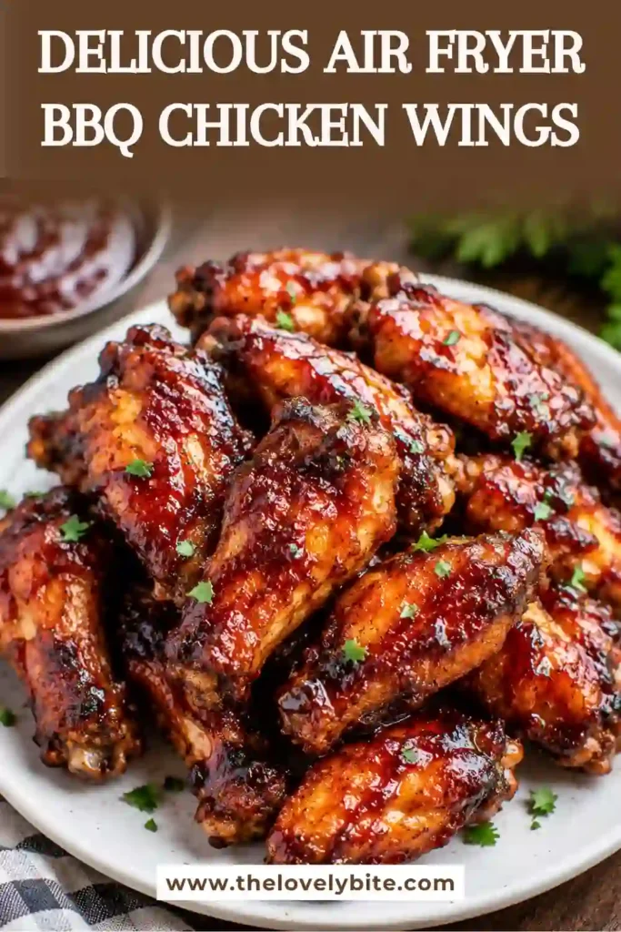 Freshly cooked Air Fryer BBQ Chicken Wings coated in rich smoky barbecue sauce and served on a platter. The wings have crispy golden skin and a glossy caramelized finish perfect for parties or family dinners.