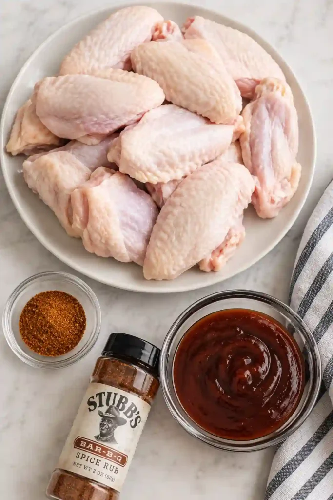Air Fryer BBQ Chicken Wings served hot on a wooden platter with fresh herbs and barbecue sauce. The wings are crispy, juicy, and beautifully caramelized.