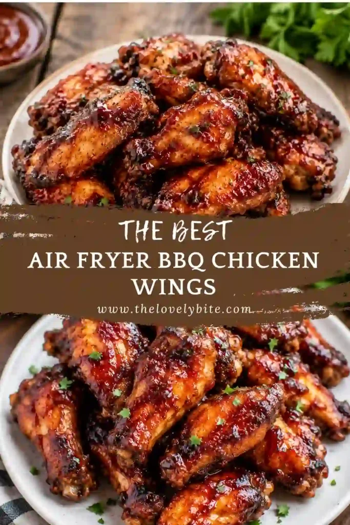 Close-up of crispy Air Fryer BBQ Chicken Wings garnished with chopped parsley beside celery sticks and dipping sauce. The barbecue glaze shines with a rich caramelized finish.
