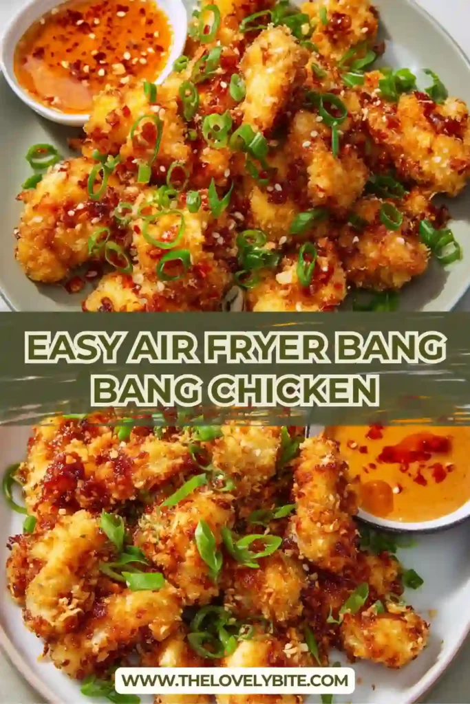 Golden crispy Air Fryer Bang Bang Chicken coated in a creamy sweet chili sauce and topped with fresh green onions. This easy air fryer chicken recipe is perfect for a quick family dinner.