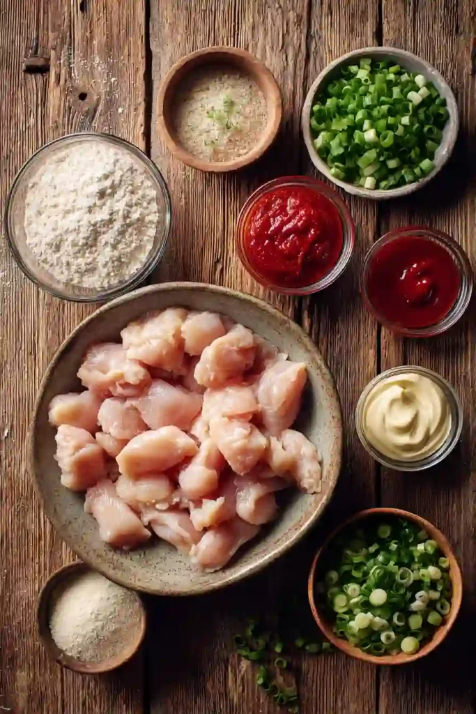 Homemade Air Fryer Bang Bang Chicken arranged in a serving bowl and coated with a creamy sweet chili glaze. Fresh green onions add color and freshness.