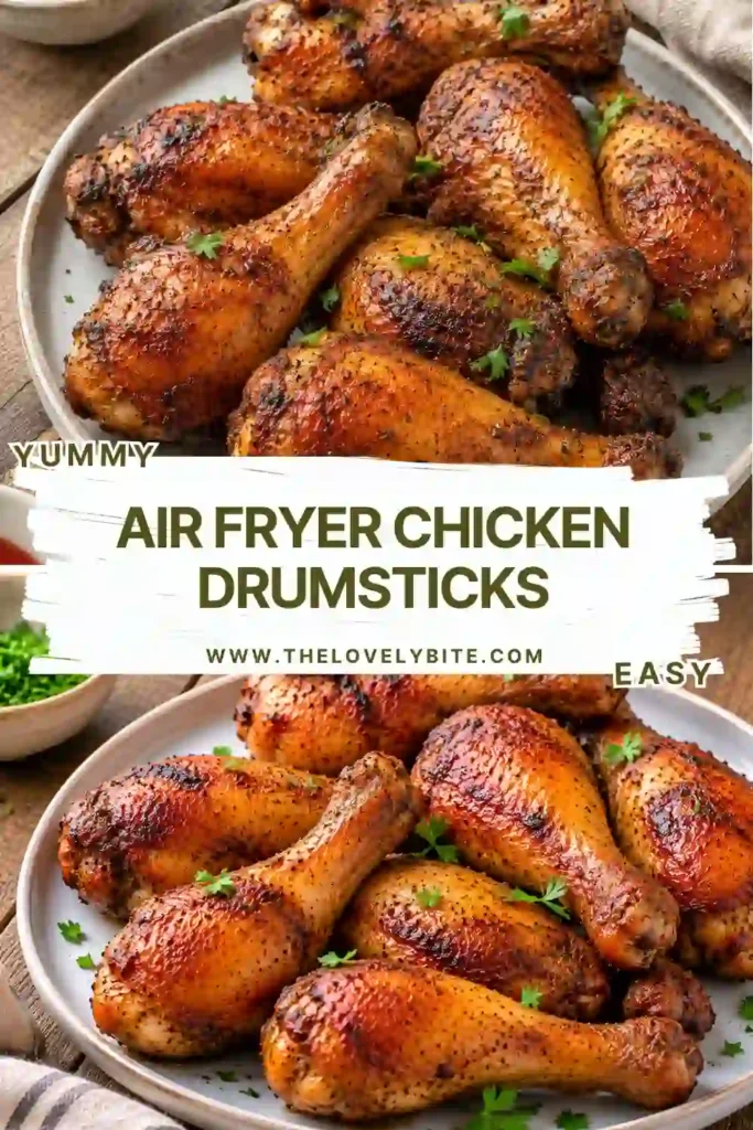 Golden Air Fryer Chicken Drumsticks arranged on a serving platter with crispy seasoned skin. The chicken looks juicy, flavorful, and perfectly cooked for an easy family dinner.