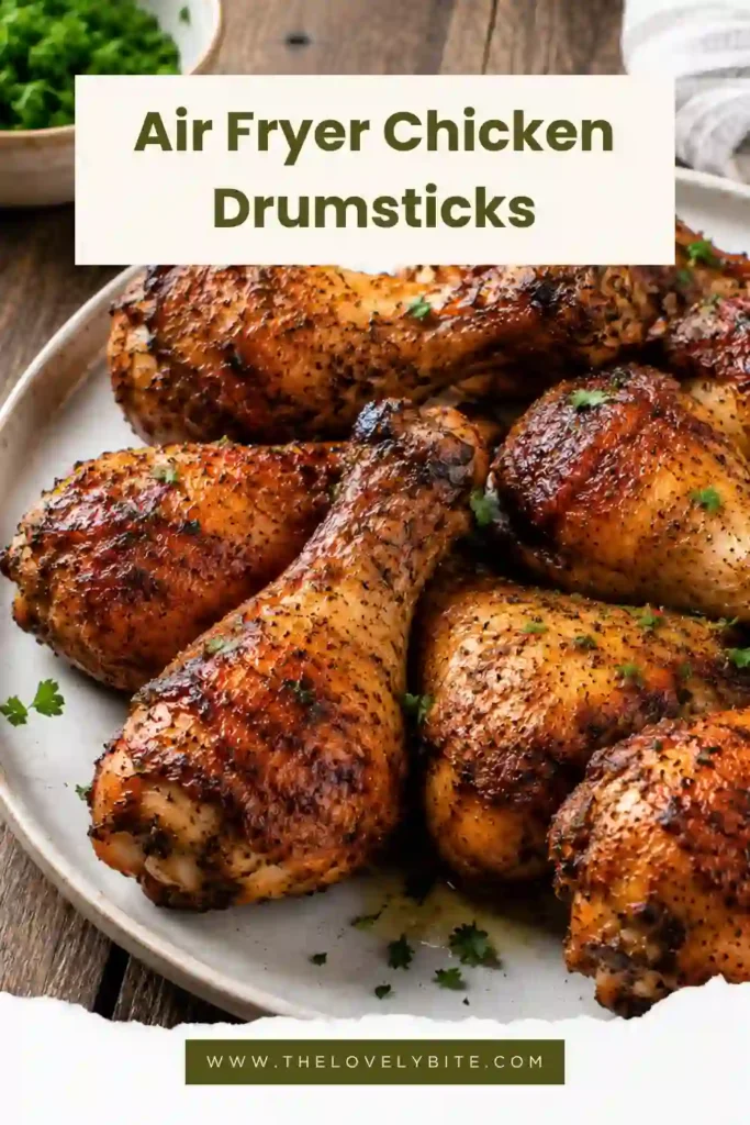 Close-up of crispy Air Fryer Chicken Drumsticks seasoned with garlic and paprika. The chicken has a crunchy exterior and moist interior perfect for a quick dinner.