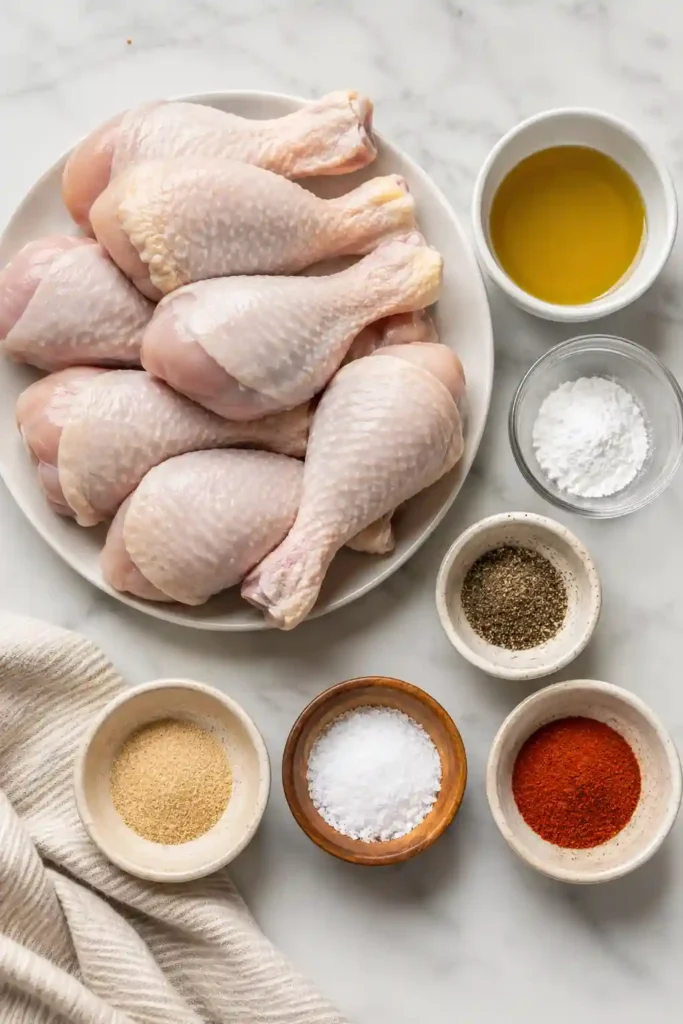 A plate of golden Air Fryer Chicken Drumsticks with crispy skin and juicy meat. This easy chicken recipe is perfect for family meals and meal prep.