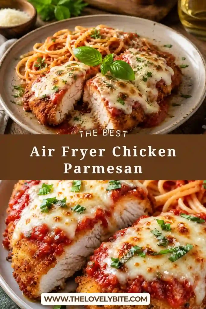 A plate of Air Fryer Chicken Parmesan topped with marinara sauce and melted mozzarella cheese. The crispy golden chicken is garnished with fresh parsley and served as a hearty family dinner.