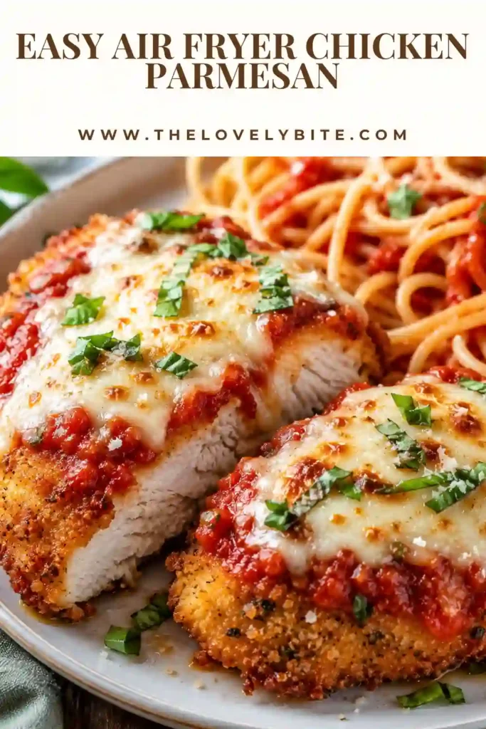 Freshly cooked Air Fryer Chicken Parmesan served with parsley and marinara sauce. The crunchy Parmesan coating and melted cheese create an irresistible texture.