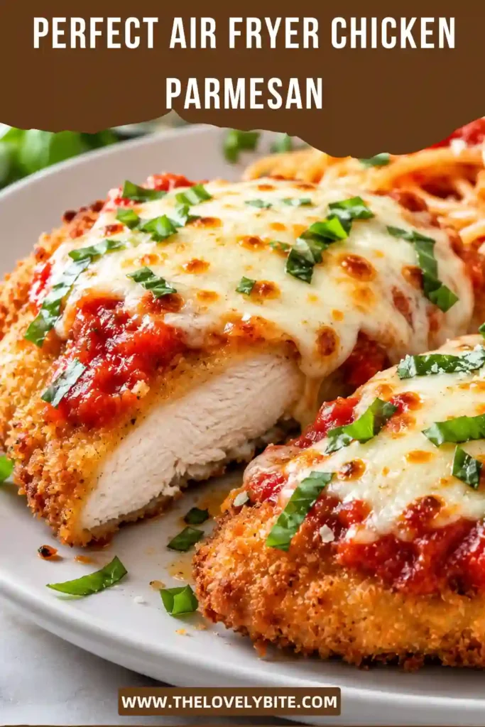 Close-up of crispy Air Fryer Chicken Parmesan with golden breadcrumbs and melted mozzarella. The chicken is topped with flavorful tomato sauce and fresh herbs.
