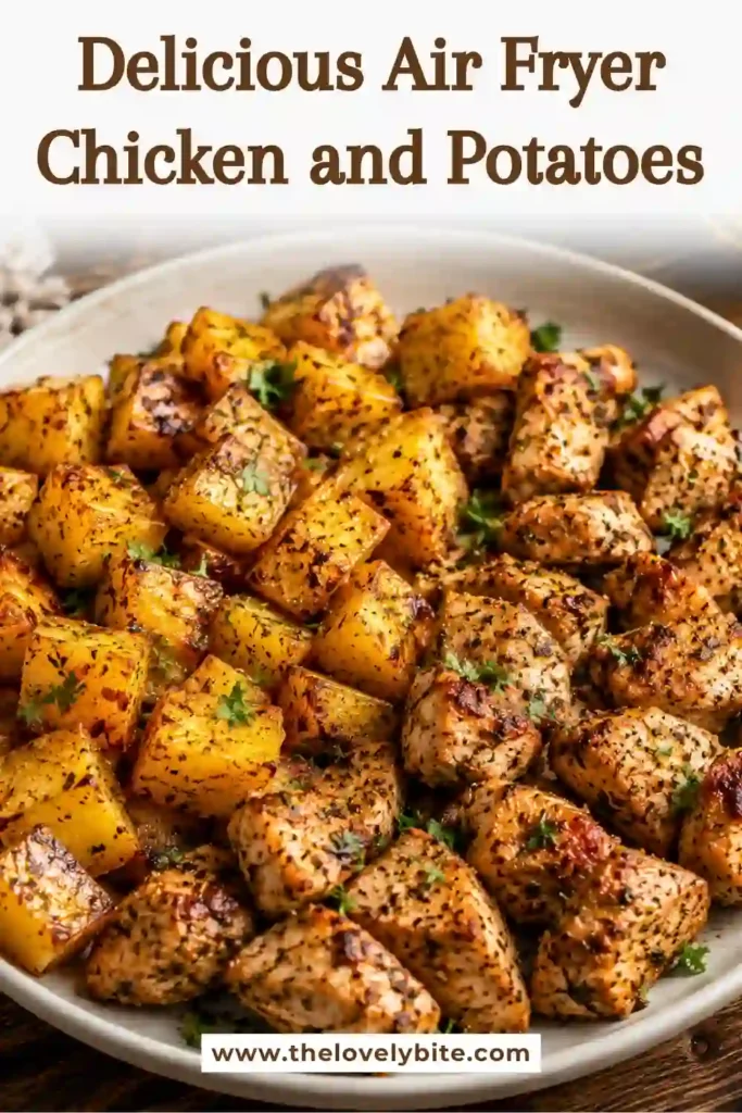 A serving of Air Fryer Chicken and Potatoes garnished with fresh parsley on a dinner plate. The chicken is juicy and perfectly seasoned while the potatoes are golden and crispy.