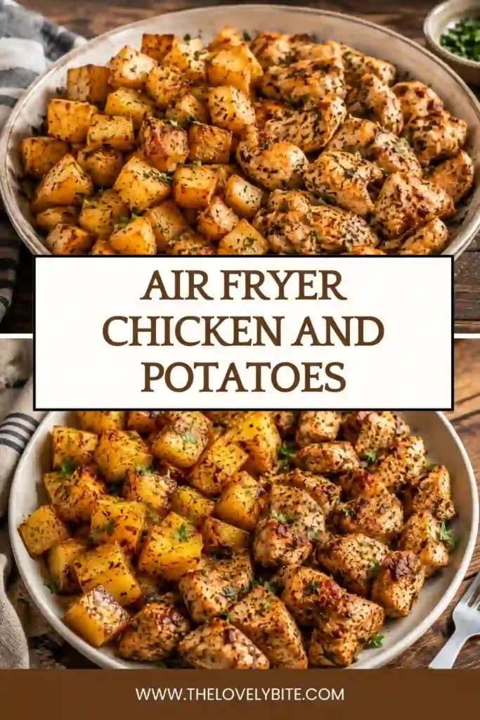 Air Fryer Chicken and Potatoes served warm with fresh herbs and garlic seasoning. The potatoes are crispy on the outside while the chicken remains tender and juicy.