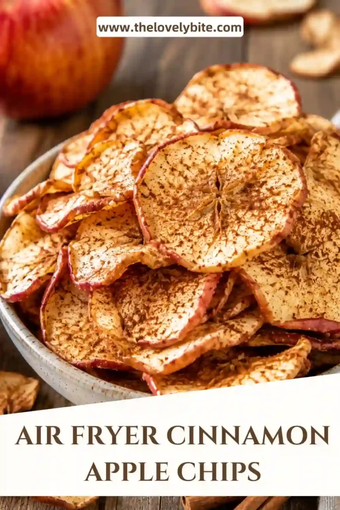 A bowl filled with crispy Air Fryer Cinnamon Apple Chips showcases their golden edges and warm cinnamon coating. These healthy apple chips make an easy homemade treat.