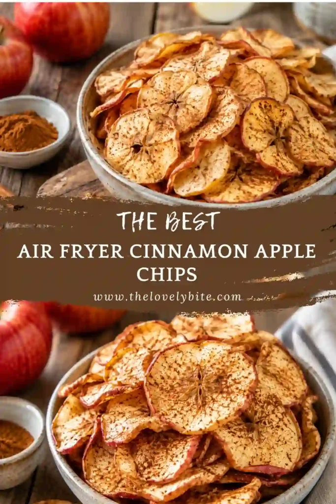 Crunchy Air Fryer Cinnamon Apple Chips served in a rustic bowl highlight their crisp texture and delicious cinnamon flavor. This easy apple chip recipe is ideal for healthy snacking.