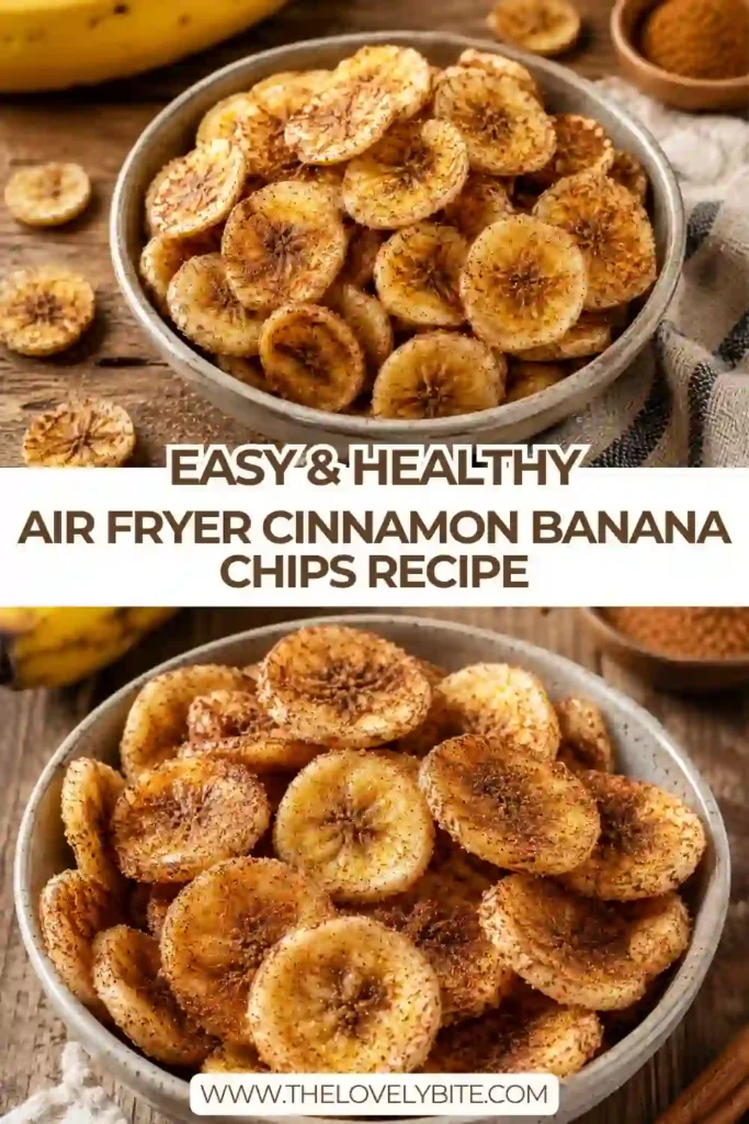 Freshly made Air Fryer Cinnamon Banana Chips cooling on a wire rack with a crisp golden finish. The homemade banana chips are evenly coated in cinnamon sugar and have a delicious crunchy texture.