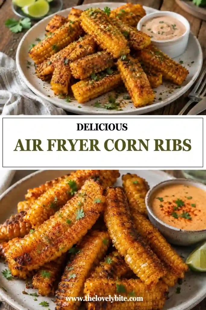 Golden Air Fryer Corn Ribs seasoned with butter, paprika, and chili powder. The corn is served with grated cheese and a creamy spicy mayo dipping sauce.