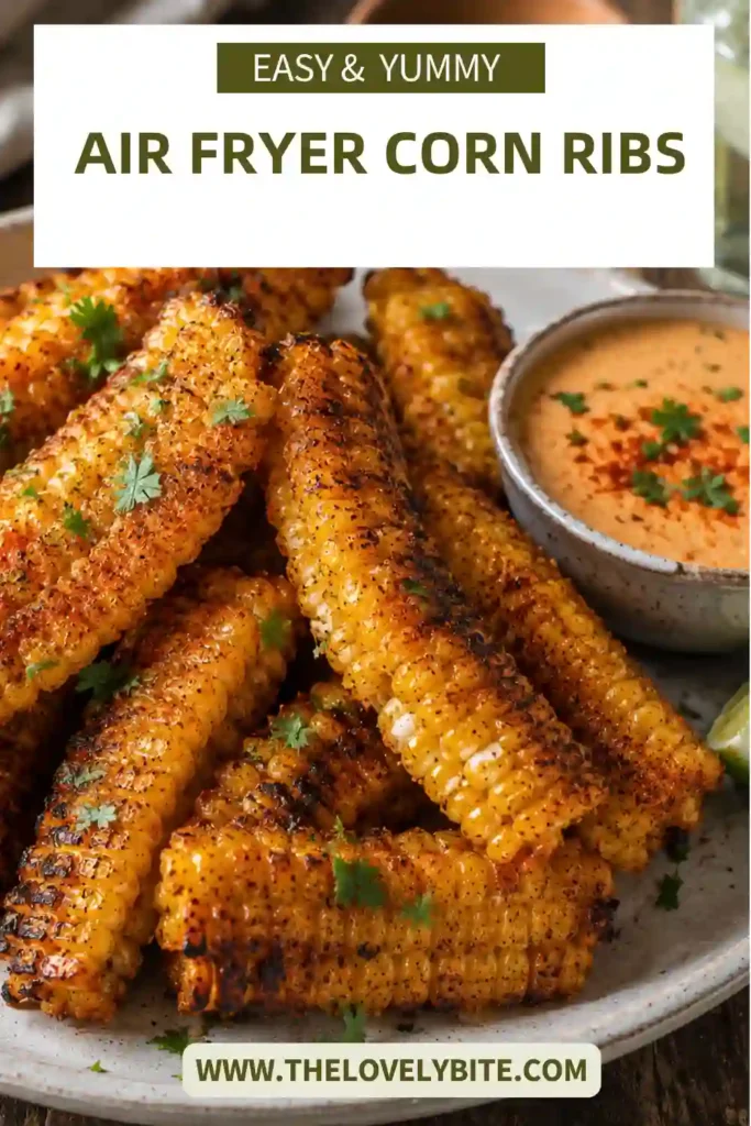 Fresh corn ribs cooked in an air fryer until golden brown and seasoned with smoky spices. Served warm with cilantro and creamy sriracha mayo.
