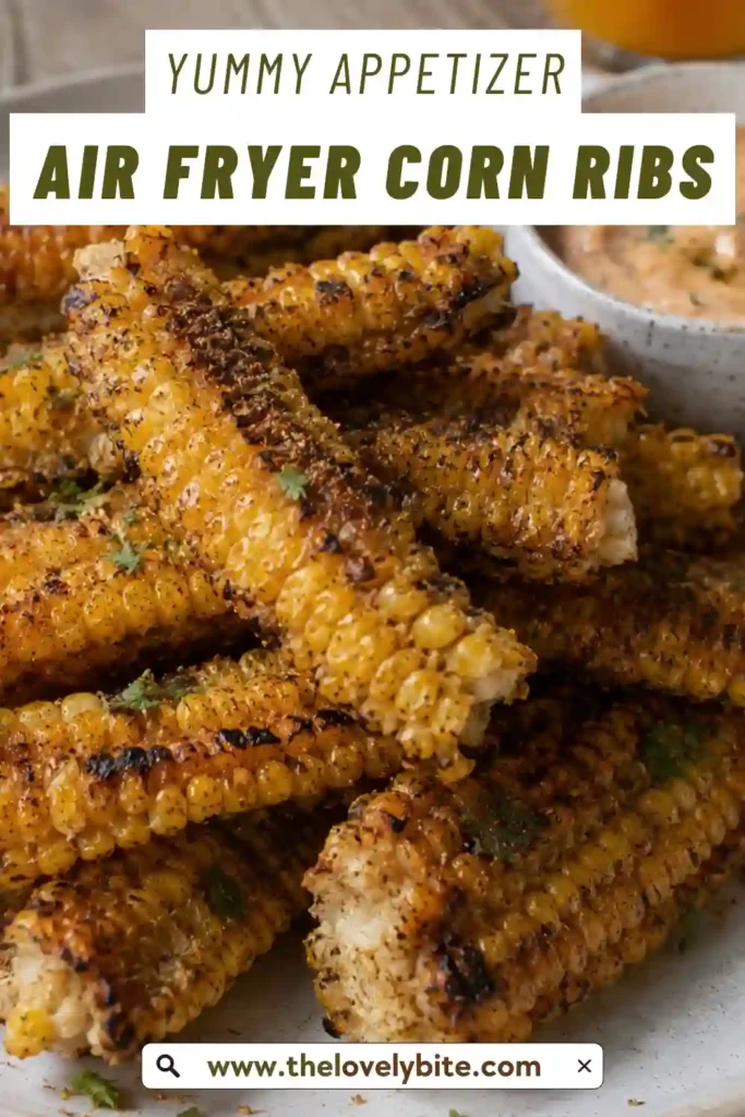 Close-up of crispy seasoned Air Fryer Corn Ribs topped with Cotija cheese and fresh cilantro. Served with spicy mayo on the side.