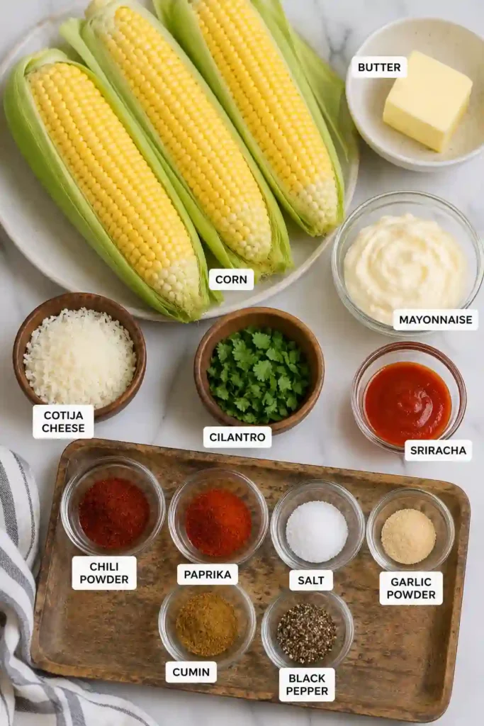 Air Fryer Corn Ribs arranged on a serving platter with spicy mayo dipping sauce. Golden corn pieces are coated with a savory seasoning blend.