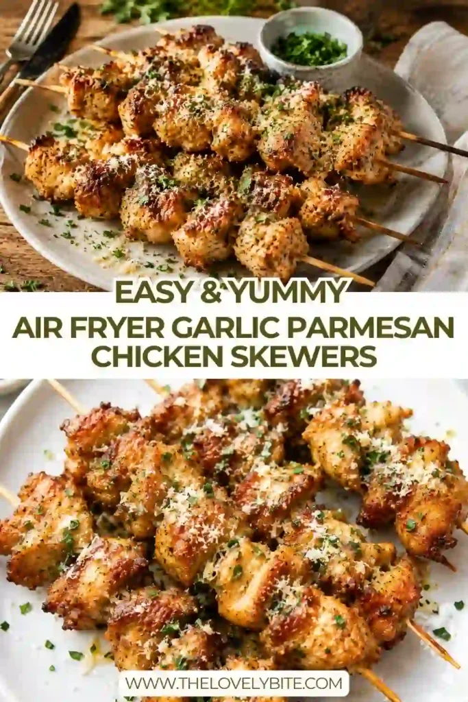 Homemade garlic parmesan chicken skewers cooked in an air fryer until golden brown. The skewers are packed with juicy chicken thigh pieces and savory seasoning.