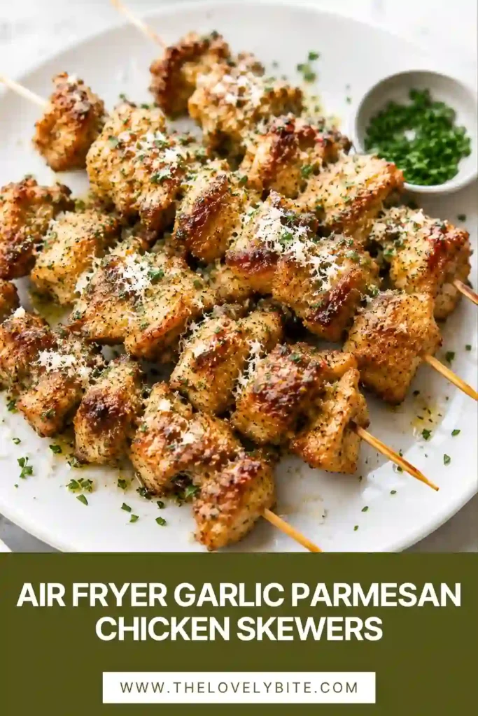 Homemade garlic parmesan chicken skewers cooked in an air fryer until golden brown. The skewers are packed with juicy chicken thigh pieces and savory seasoning.