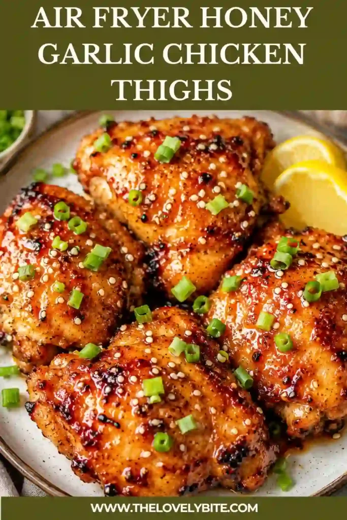 Golden Air Fryer Honey Garlic Chicken Thighs garnished with sesame seeds and sliced spring onions. The chicken is juicy, caramelized, and served fresh for an easy family dinner.