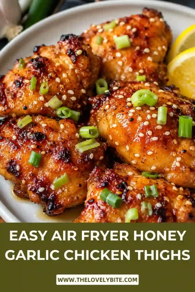 Close-up view of honey garlic chicken thighs cooked in the air fryer and topped with sesame seeds. The chicken has a golden brown finish and a flavorful sweet-savory glaze.