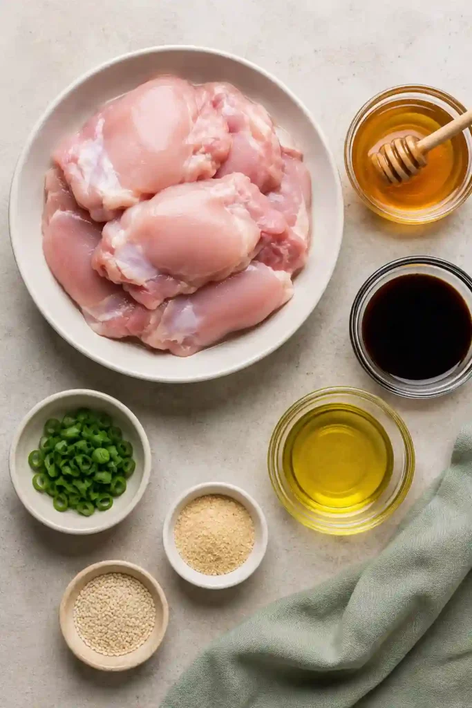 Boneless skinless chicken thighs cooked in an air fryer with a honey garlic marinade. Garnished with sesame seeds and spring onions for a delicious presentation.