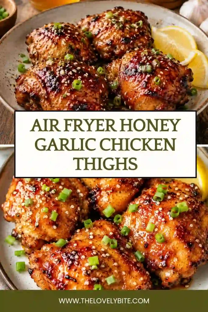 Air Fryer Honey Garlic Chicken Thighs served on a plate with fresh spring onions and sesame seeds. The chicken is golden, juicy, and ideal for a quick dinner.