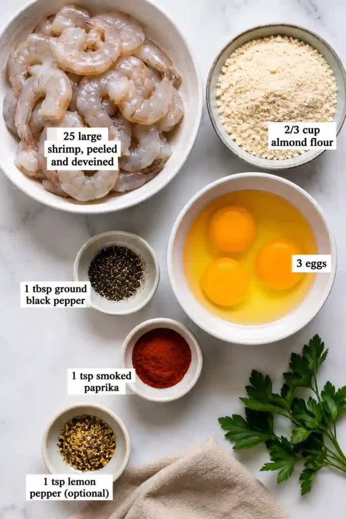 A plate of crispy Air Fryer Keto Fried Shrimp coated in seasoned almond flour and served with fresh lemon wedges. This low-carb shrimp recipe is golden, crunchy, and gluten free.