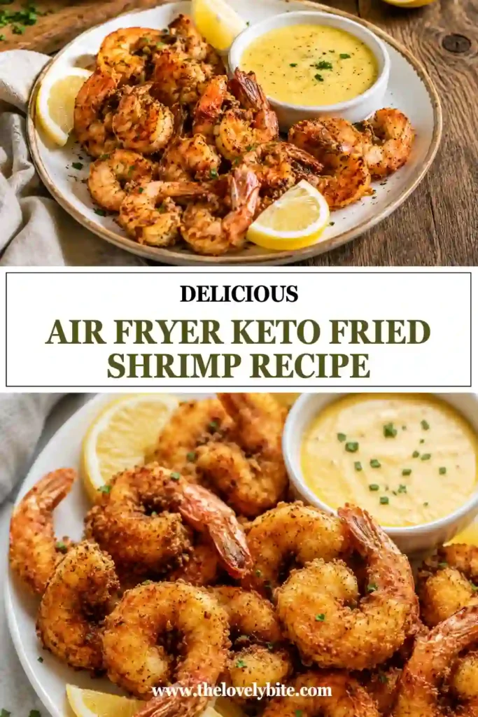 Golden Air Fryer Keto Fried Shrimp arranged on a serving platter with fresh herbs and keto dipping sauce. A healthy seafood recipe with a crispy almond flour coating.