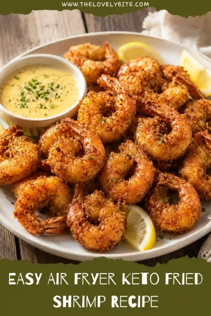 Homemade Air Fryer Keto Fried Shrimp served with lemon slices and creamy dipping sauce. Crispy, juicy, and perfect for anyone following a ketogenic lifestyle.