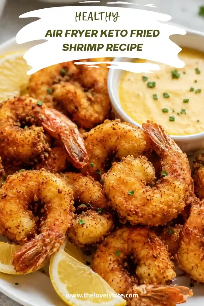 Close-up of crunchy keto fried shrimp cooked in the air fryer until perfectly golden brown. This easy low-carb shrimp recipe is ideal for quick dinners.