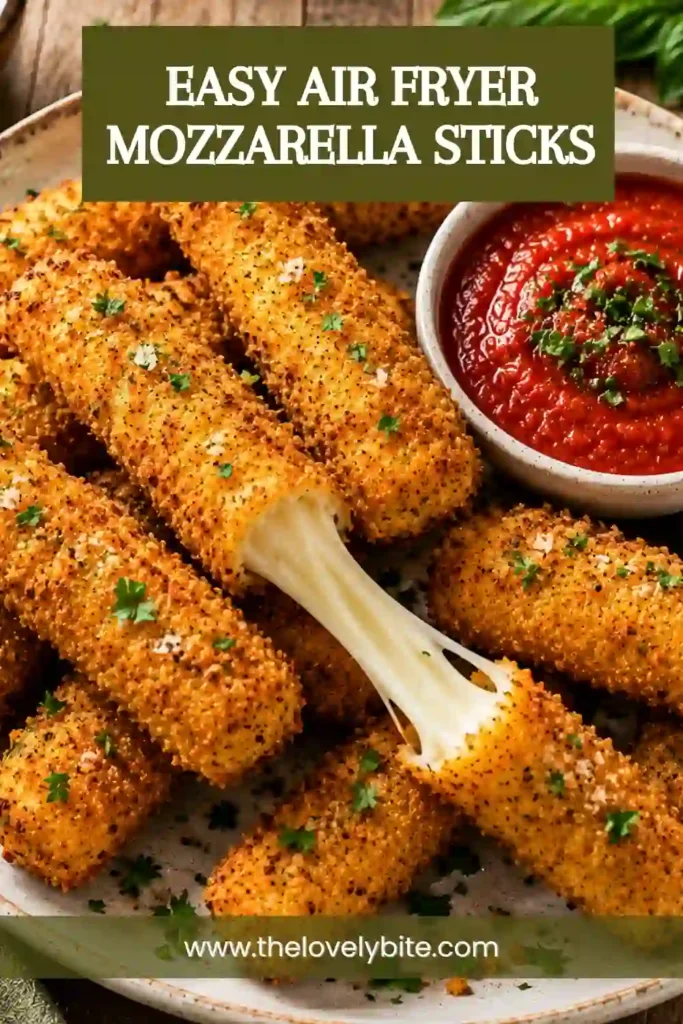 Freshly cooked Air Fryer Mozzarella Sticks with crispy golden panko coating and melted mozzarella cheese served with marinara dipping sauce. A perfect homemade appetizer for parties and family gatherings.