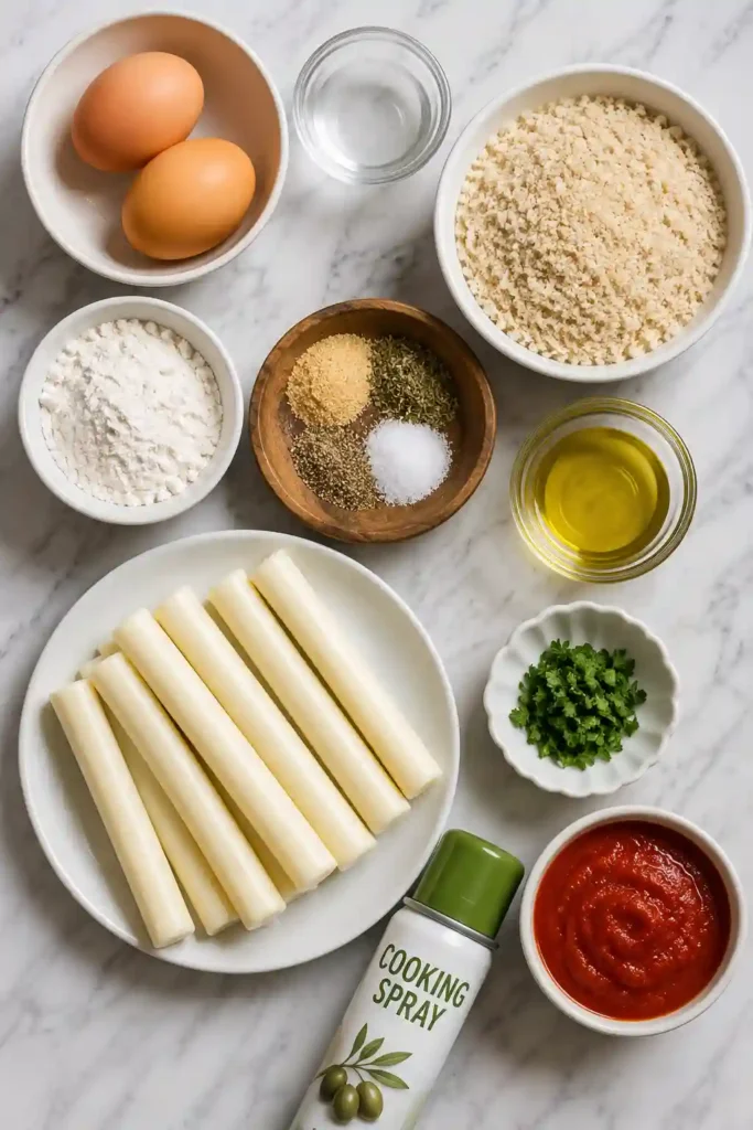 Air Fryer Mozzarella Sticks served hot with marinara dipping sauce and fresh parsley garnish.