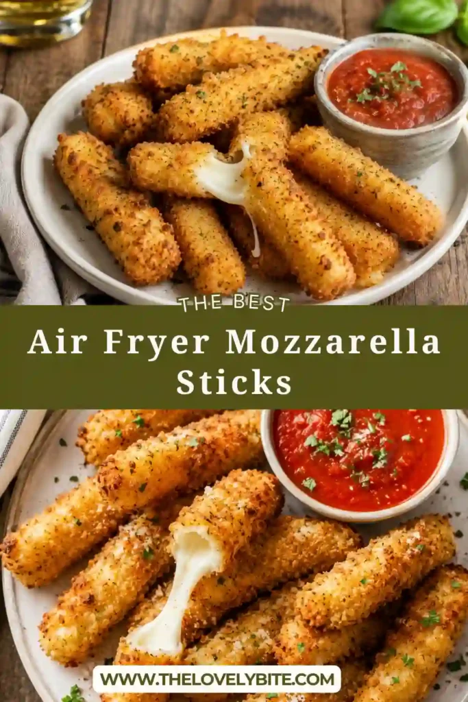 Homemade crispy mozzarella sticks cooked in an air fryer until golden brown and served warm with marinara sauce.