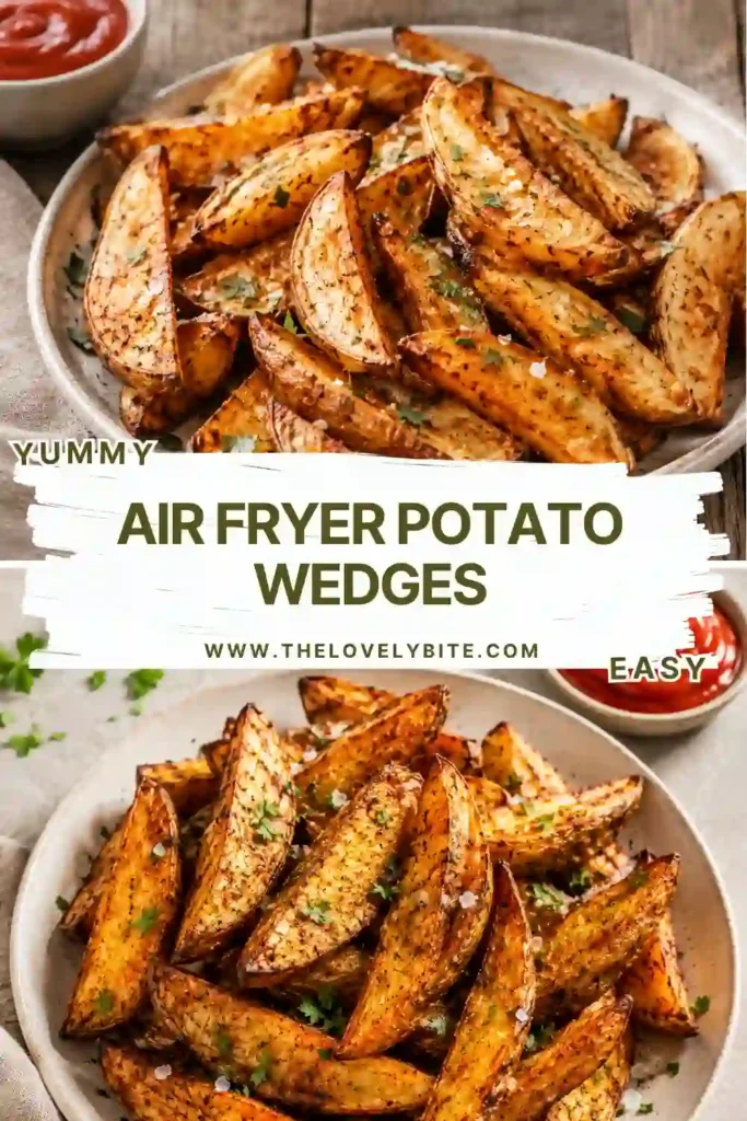 Homemade Air Fryer Potato Wedges arranged on a serving plate with fresh parsley. These crispy seasoned potatoes make an easy and delicious side dish.