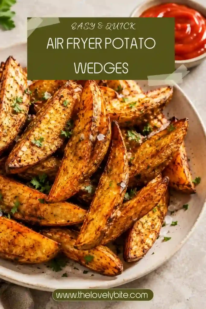 Freshly cooked Air Fryer Potato Wedges with paprika seasoning and crispy texture. The wedges are served hot with dipping sauce for a comforting meal.