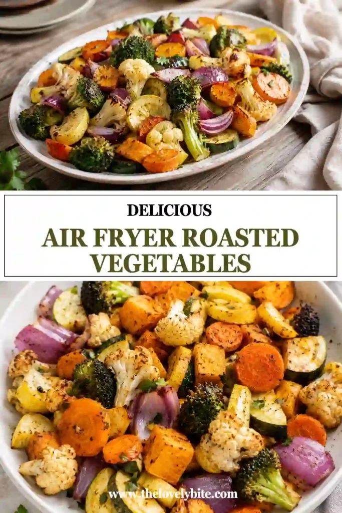 A bowl of Air Fryer Roasted Vegetables featuring broccoli, cauliflower, zucchini, squash, carrots, and red onion. The vegetables are golden, tender, and lightly seasoned.