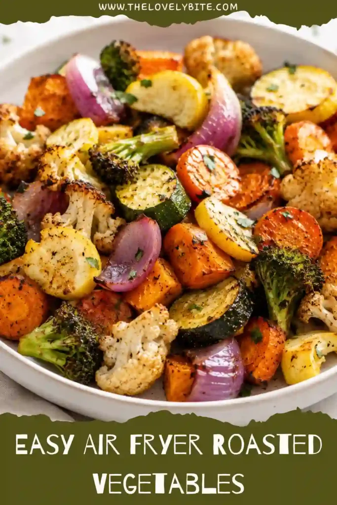 Colorful Air Fryer Roasted Vegetables cooked until perfectly crisp and tender. Fresh broccoli, squash, carrots, and cauliflower create a healthy and flavorful side dish.