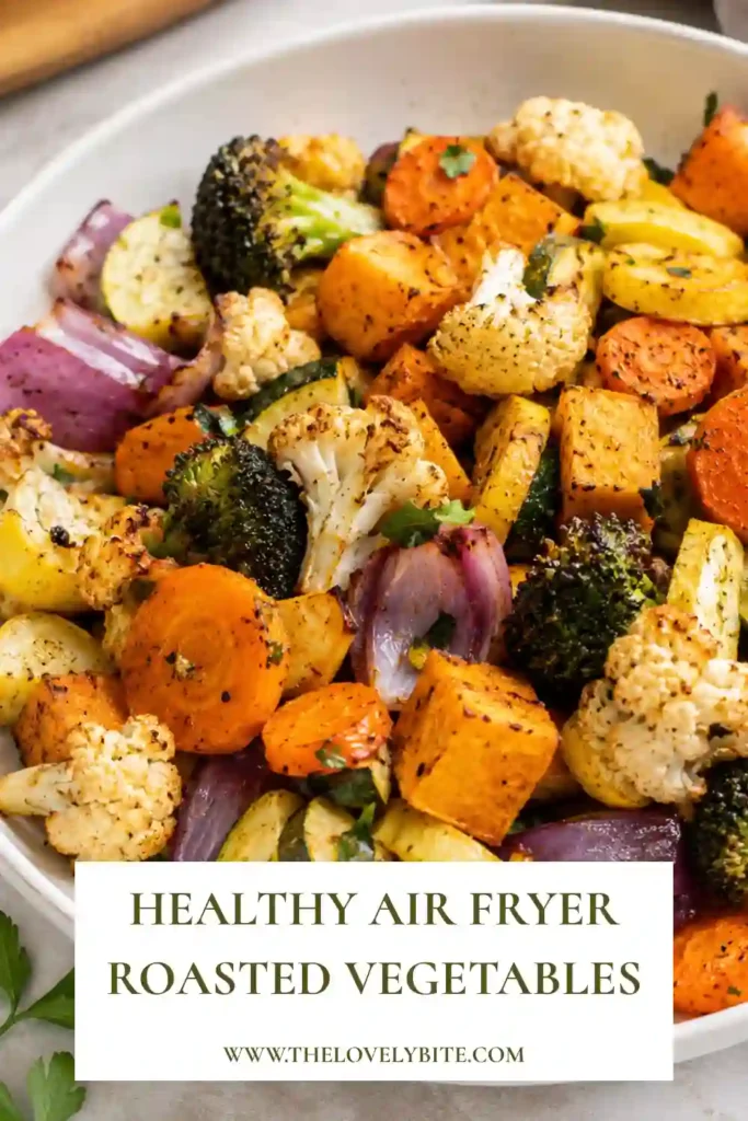 Fresh mixed vegetables roasted in the air fryer with garlic, paprika, and herbs. This healthy vegetable side dish is quick, easy, and packed with flavor.