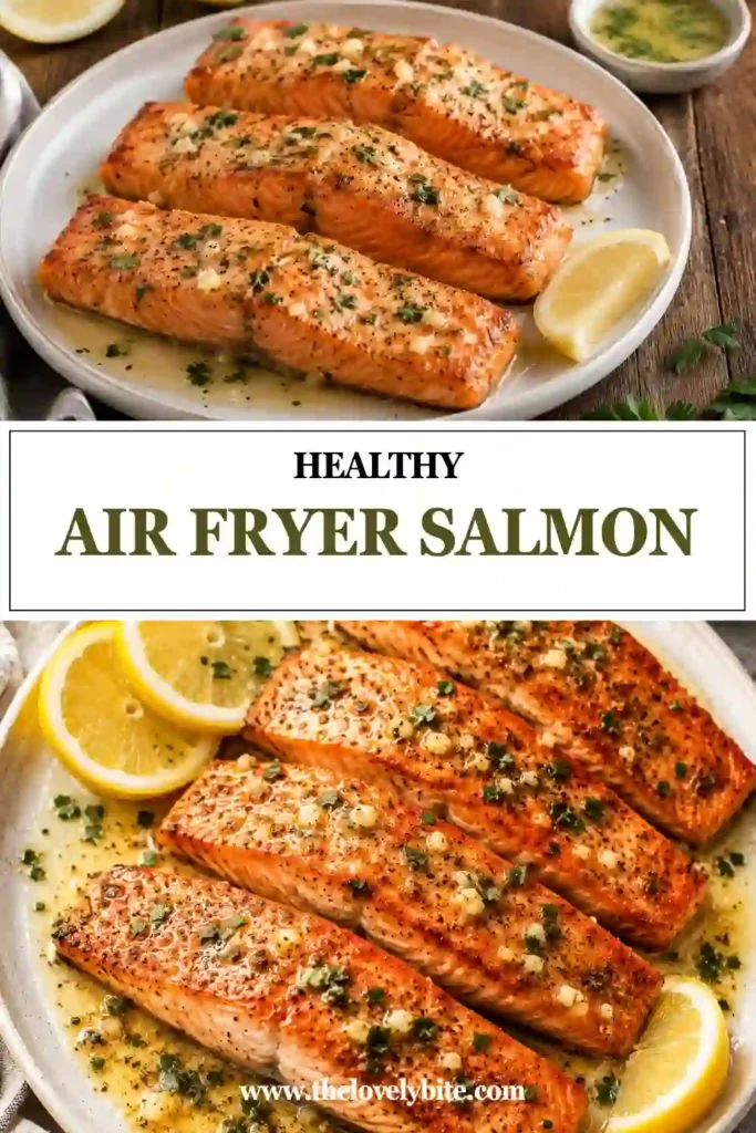 Golden Air Fryer Salmon fillets drizzled with homemade garlic butter lemon sauce. A healthy seafood dinner ready in minutes.