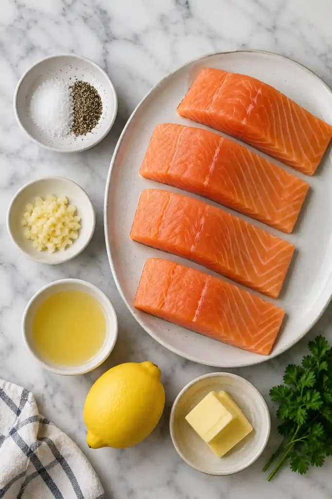 Freshly cooked Air Fryer Salmon served with garlic butter lemon sauce. The salmon is flaky, juicy, and beautifully golden.