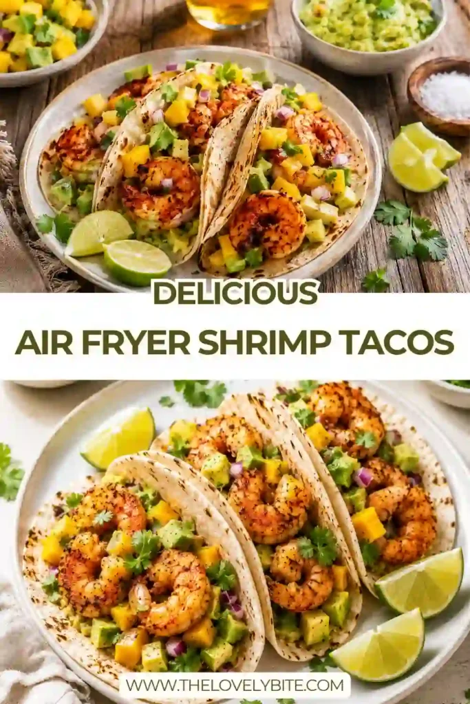 Healthy Air Fryer Shrimp Tacos served on grain-free tortillas with chopped cilantro and homemade salsa. A delicious gluten-free dinner idea.