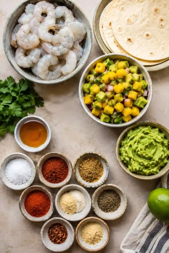 A plate of Air Fryer Shrimp Tacos filled with juicy seasoned shrimp, creamy guacamole, and fresh mango avocado salsa. These colorful tacos make a quick and healthy seafood dinner.